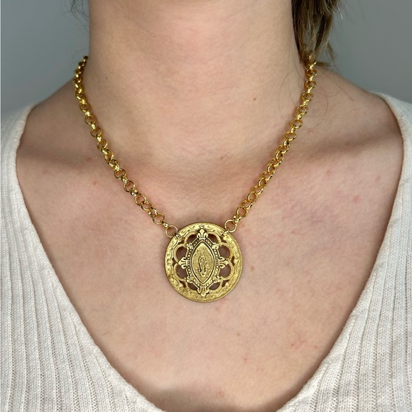 New Mary Saint Medal gold disk chunky necklace handmade - Picture 6 of 6